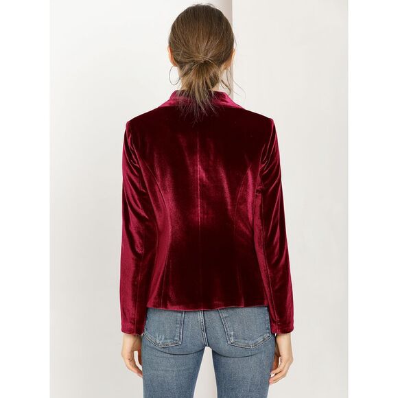Women's Coat Solid Shawl Collar 1 Button Velvet Blazer Wine Red - Picture 5 of 6
